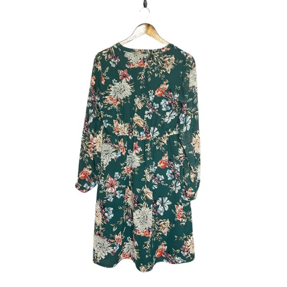 A New Day Dark Green Floral Long Sleeve Babydoll Dress Size M - Picture 3 of 5
